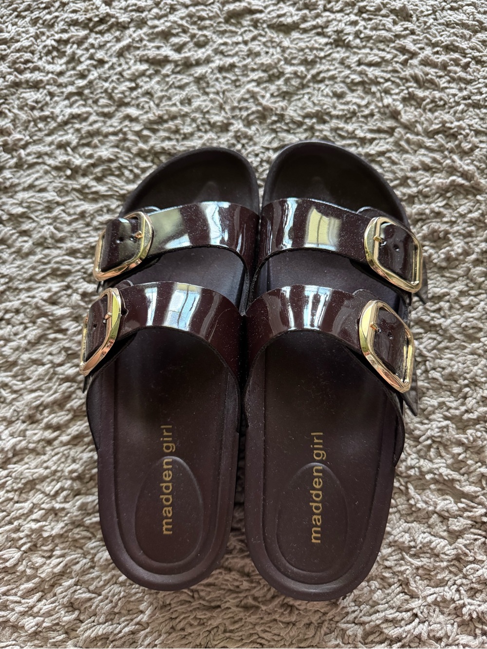 Madden Girl Double-Buckle Slide Sandals in Dark Brown
